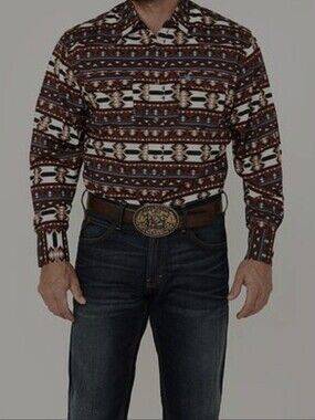 NWT Men's Rodeo XL Western Aztec Print Button-Up Shirt in Burgundy and Cream